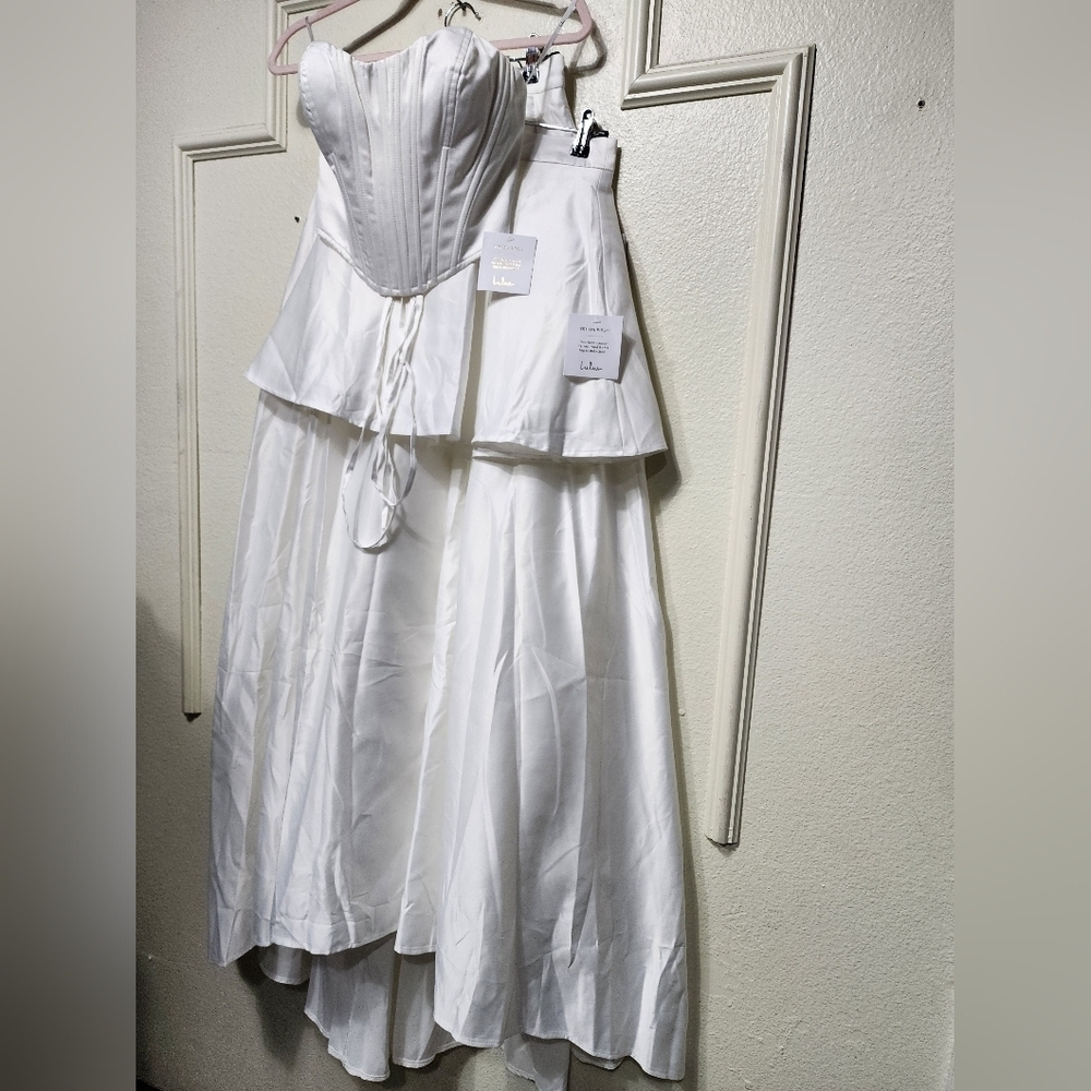Lulus Angelica White Satin Strapless Three-Piece Maxi Dress Wedding Bride Party - Picture 8 of 11